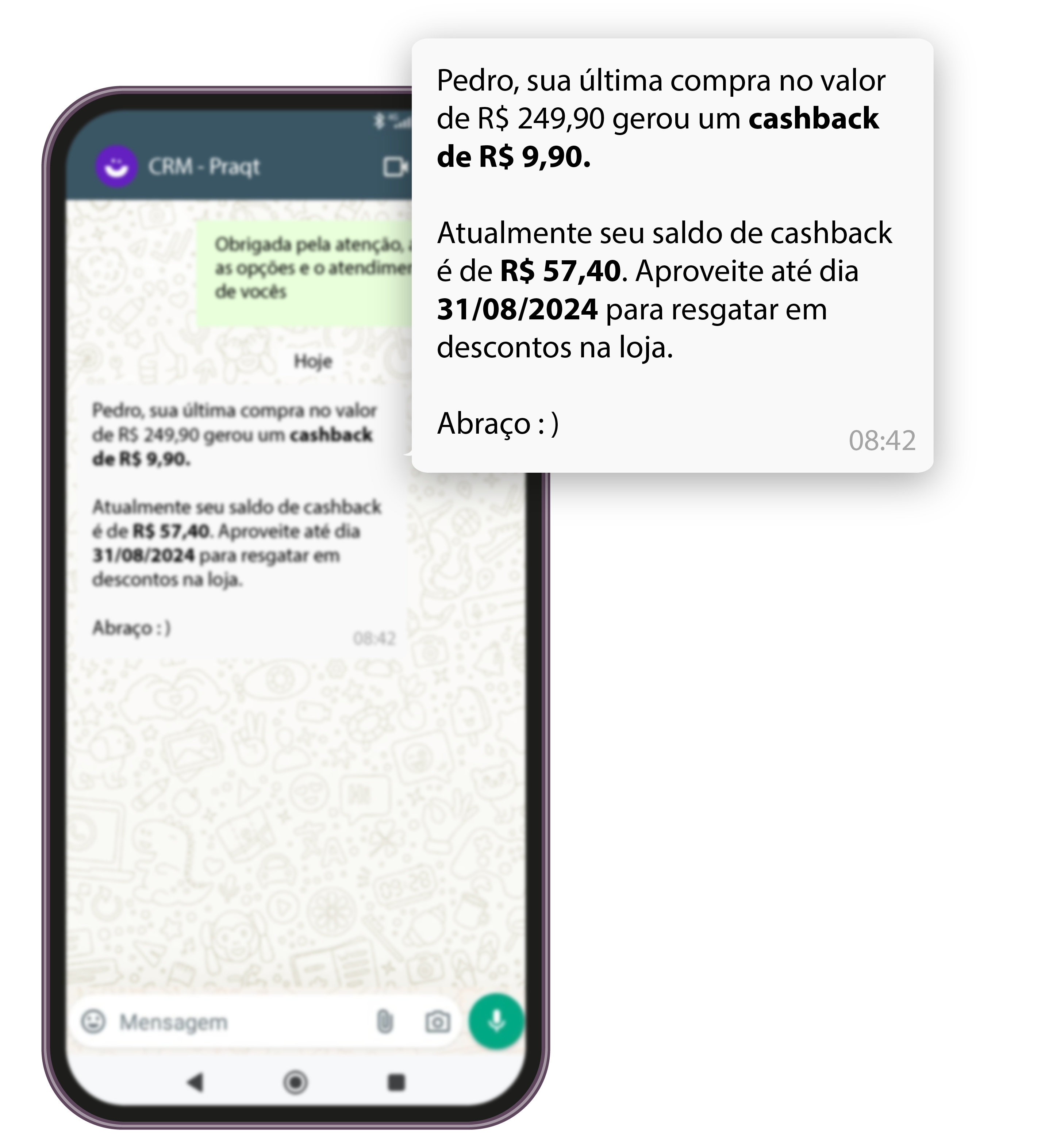 Celular mostrando mensagem automática de cashback.